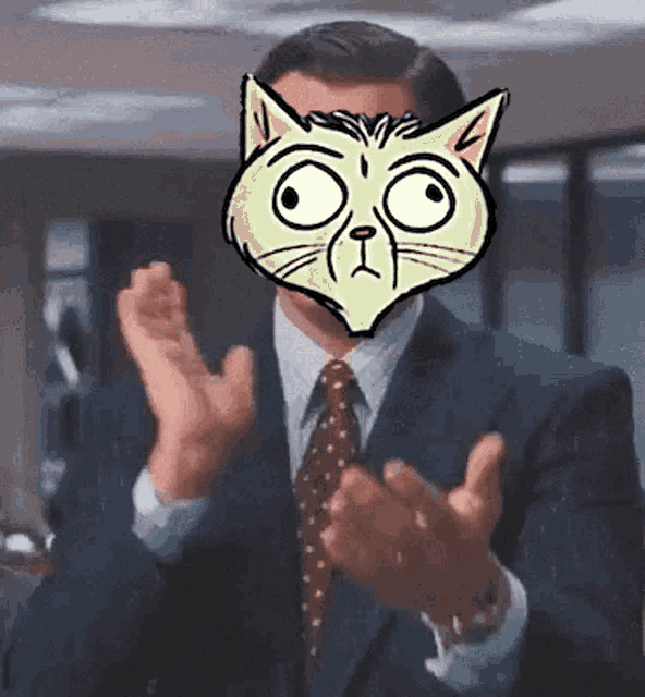 a man in a suit and tie is clapping with a cat face on his face