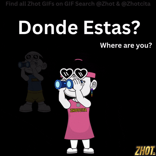 a cartoon of a girl looking through binoculars with the words donde estas where are you on the bottom