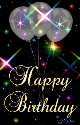 a happy birthday card with three balloons and stars