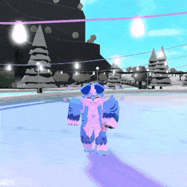 a cartoon character is standing on a snowy ice rink with christmas trees in the background