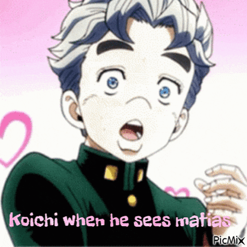 a cartoon of a boy with a surprised look on his face and the words koichi when he sees mafia