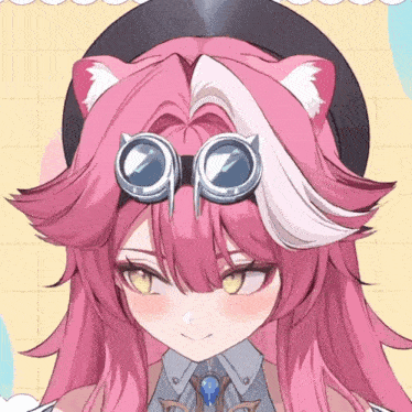 a drawing of a girl with pink hair and goggles on her head