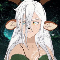 a cartoon girl with long white hair and antlers