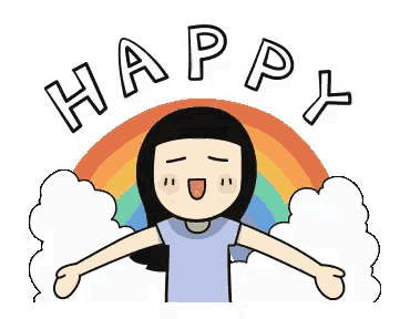 a cartoon girl is standing in front of a rainbow and the word happy .
