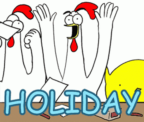 a cartoon of chickens and a yellow chicken with the words holiday written below them