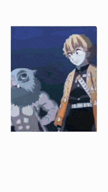 a man and an owl are standing next to each other .