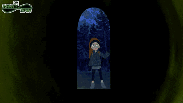 a cartoon of a girl standing in a dark forest with a cn infinity train logo in the background
