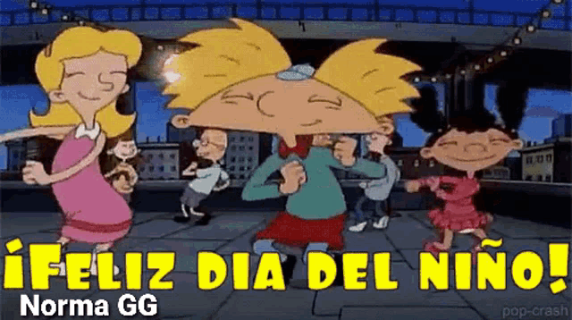 a cartoon of a group of children dancing with the words feliz dia del niño written below them