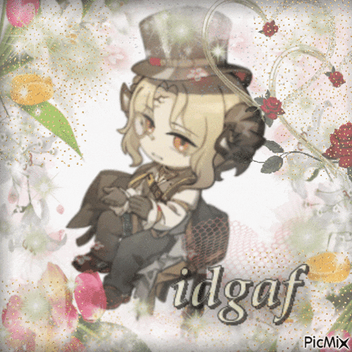 a picture of a girl in a top hat with the name idgaf on it