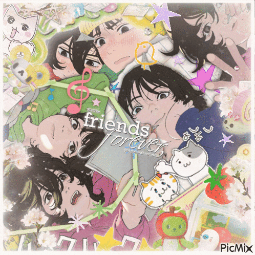 a collage of anime characters with the words " friends forever " on the bottom