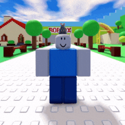 a roblox character is standing in front of a building that says roblox