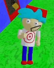 a cartoon character with blue hair and a white shirt with a target on it is standing in the grass .