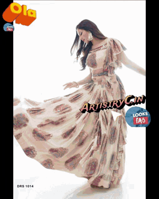 a woman in a long dress with the words artistry cin on the bottom right