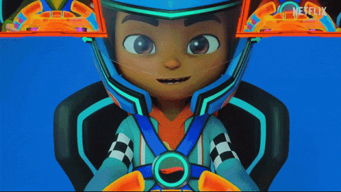 a close up of a cartoon character wearing a helmet with netflix written on it