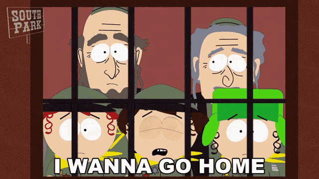 a cartoon of south park characters behind bars with the words i wanna go home