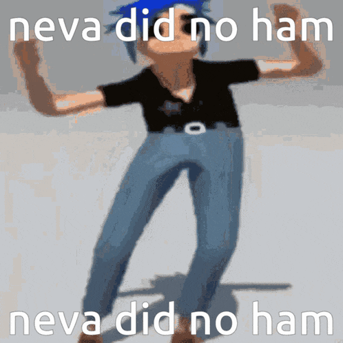a cartoon character dancing with the words neva did no ham behind him