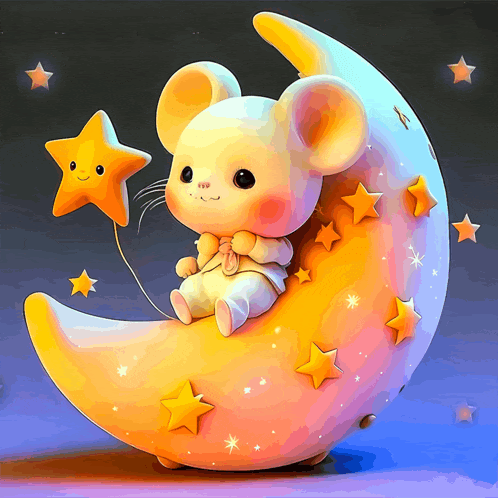 a mouse sits on a crescent moon with a star balloon