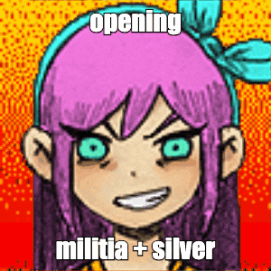 a drawing of a girl with pink hair and blue eyes with the words opening militia + silver