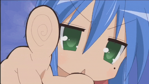 a cartoon character with blue hair and green eyes points at the camera