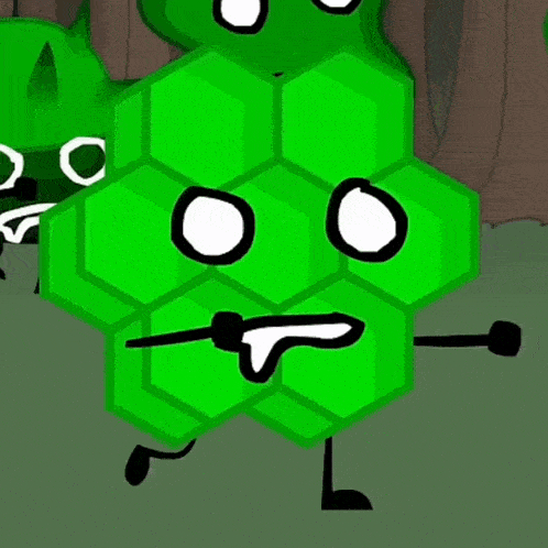 a cartoon drawing of a green hexagon with a angry face