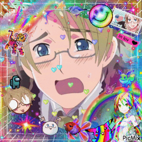 a picture of a boy with glasses is surrounded by stickers and a smiley face