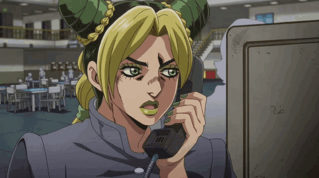 a cartoon of a woman talking on a phone with the number 2 on the wall