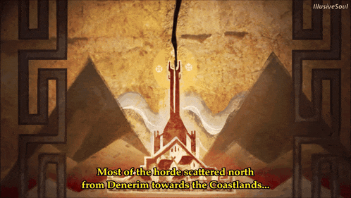 a painting of a castle with the words most of the horde scattered north from denerim towards the coastlands