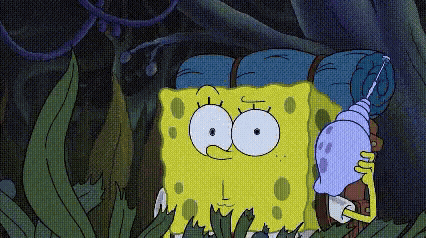 a cartoon of spongebob squarepants holding a sea shell in the jungle .