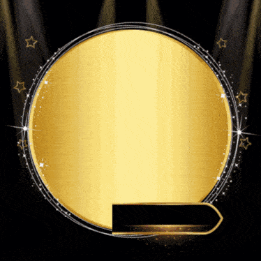 a gold circle with stars around it and a black arrow pointing to the right