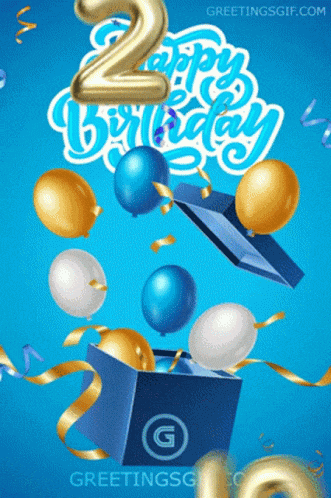 a birthday card with balloons and a blue box that says greetingsgif.com