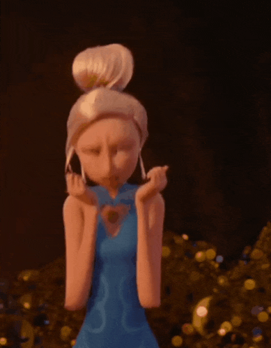 a cartoon character in a blue dress is standing in front of a pile of gold