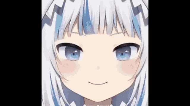 a close up of a girl 's face with blue eyes and white hair making a funny face .