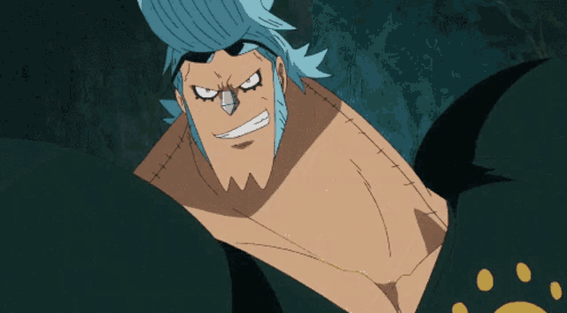 franky from one piece is smiling and wearing a blue hat and red gloves