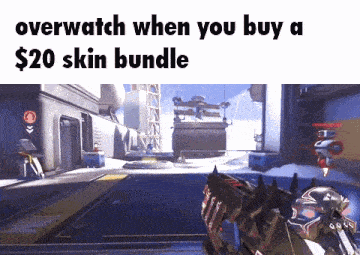 a video game scene with the words overwatch when you buy a $20 skin bundle below it