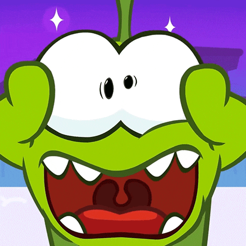 a green cartoon character with a purple background and a red mouth