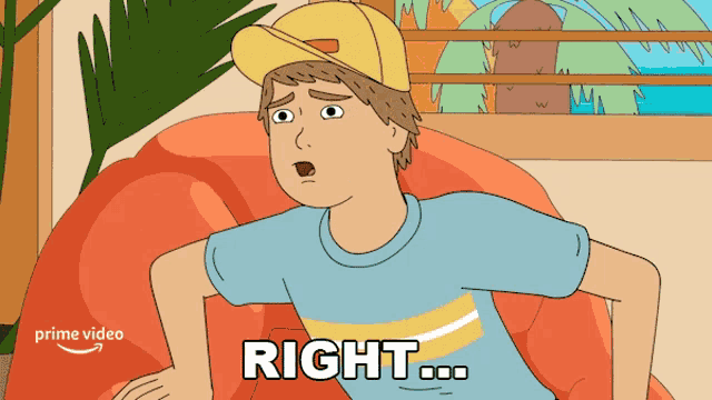 a cartoon of a boy sitting on a couch with the words right written on the bottom