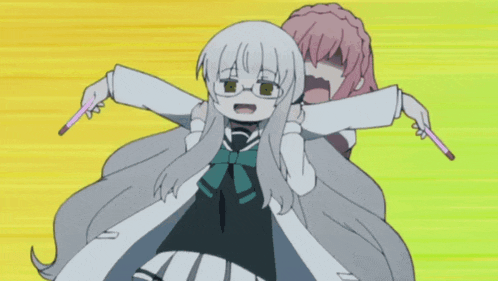 a girl in a lab coat is being held by another girl in a pink dress