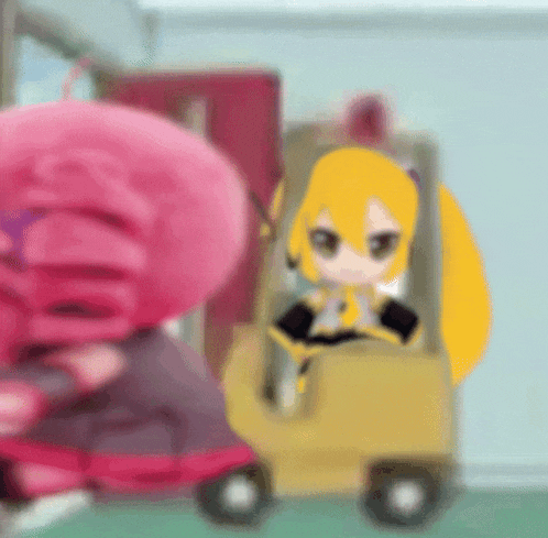 a cartoon of a girl driving a forklift next to a pink doll .