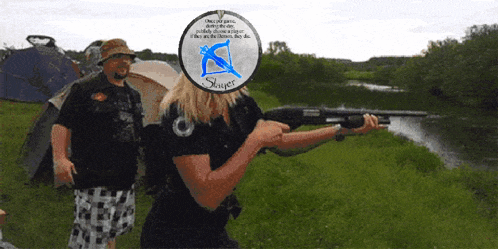 a woman is holding a shotgun in front of a sign that says sniper on it