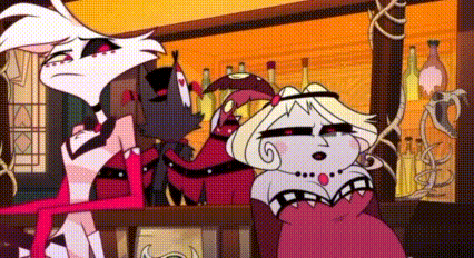 a couple of cartoon characters standing next to each other in a room .