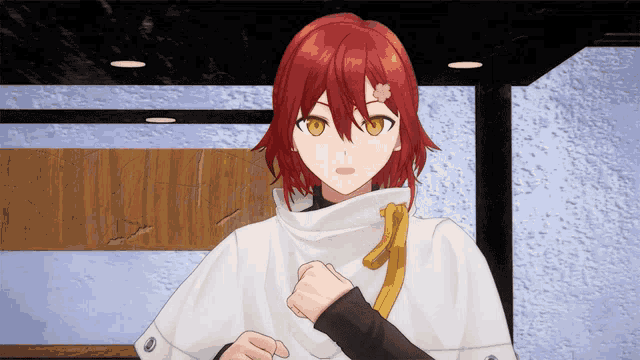 a girl with red hair has a flower on her head