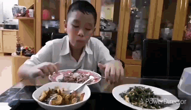a young boy is sitting at a table with two plates of food and a bowl of food .