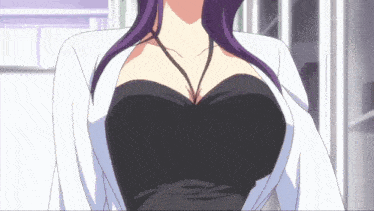 a woman with purple hair is wearing a white shirt and black top