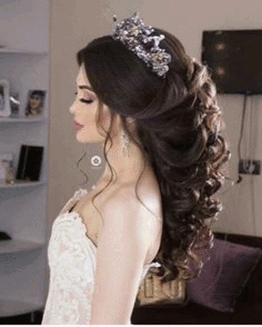a woman in a wedding dress is wearing a crown on her head .