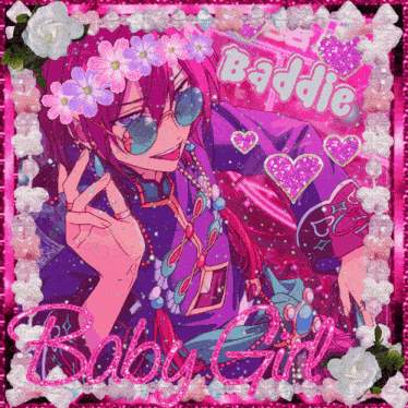 a picture of a girl with a flower crown and the word baddie on it