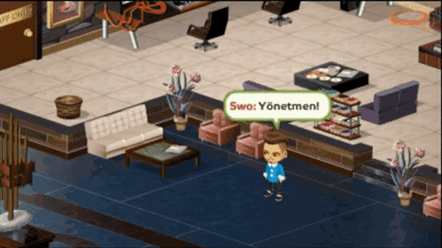a man in a blue shirt is standing in a room with a speech bubble that says swo yönetimen