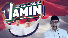 a man is giving a speech in front of a banner that says amin