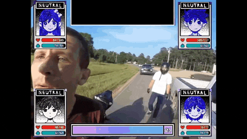 a video game shows a man riding a motorcycle and a girl with blue hair and the words neutral on the bottom