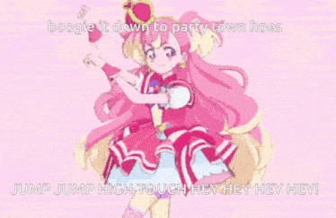 a picture of a girl in a pink dress with the words boogie it down to party town hoes jump jump high touch hey hey hey hey