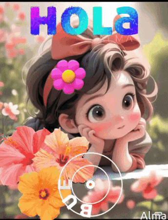 a picture of a little girl with flowers and the word hola on it